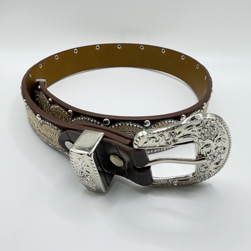 Girl's Small 24" Ranch Brown Lace, Crystal And Stud Genuine Leather Western Belt